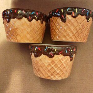 Set Of 3 Ice Cream Cone Shaped Ceramic Bowls With Chocolate & Sprinkles Design